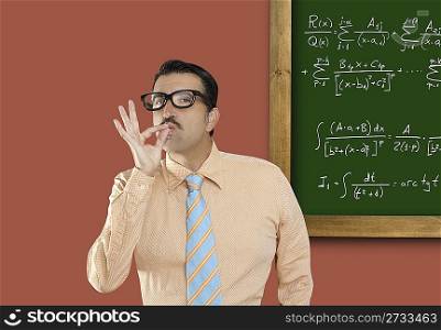 Genius nerd glasses silly man board math formula pensive gesture thinking expression