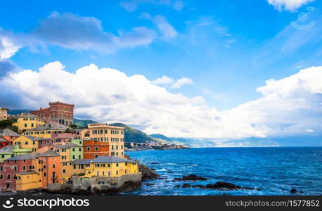 GENOA, ITALY - CIRCA AUGUST 2020: Boccadasse marina panorama, village on the Mediterranean sea with colourful houses.