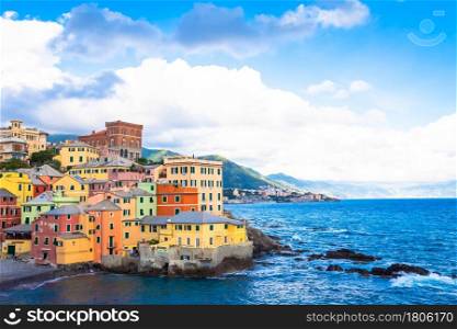 GENOA, ITALY - CIRCA AUGUST 2020: Boccadasse marina panorama, village on the Mediterranean sea with colourful houses.