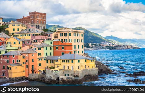 GENOA, ITALY - CIRCA AUGUST 2020  Boccadasse marina panorama, village on the Mediterranean sea with colourful houses.