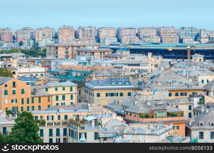 Genoa. Night view of the city.. Aerial view of the Genoa in night lighting at sunset.