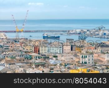 Genoa. View from above.. Aerial view of the port and Genoa from the hill.
