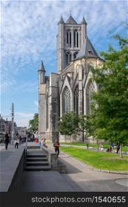 Gent Belgium, October 3 2015. St. Nicholas church and Kapittel Street seen from St. Bavo Square