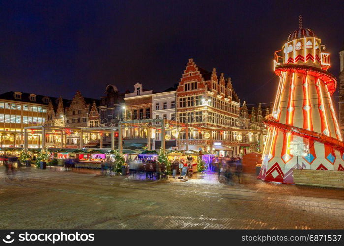 Gent. Downtown at Christmas.. The market square of the city of Ghent in Christmas decorations and illuminations.