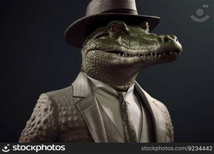 Gent≤man boss crocodi≤aligator in hat, suit and tie. Ban≠r header. AI≥≠rated. Important pet on a dark background.. Gent≤man boss crocodi≤aligator in hat, suit and tie. Ban≠r header. AI≥≠rated.