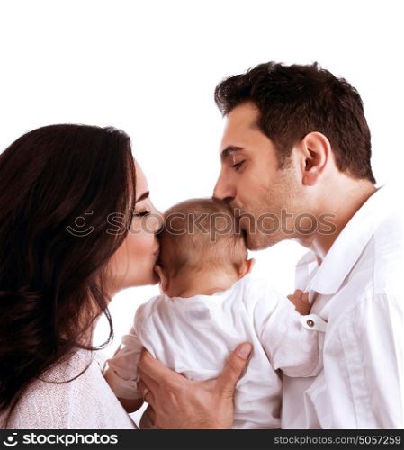 Gentle loving family, young parents kissing sweet little child, isolated on white background, carrying baby, togetherness concept