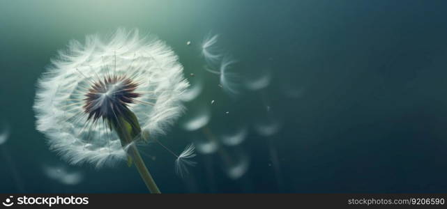 Gentle Natural Background with Dandelion with Flying Seeds, Generative AI. Dandelion with Flying Seeds