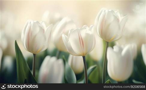 Gentle Natural Background with White Tulips on Light, Generative AI. White Tulips on Light, Generative AI
