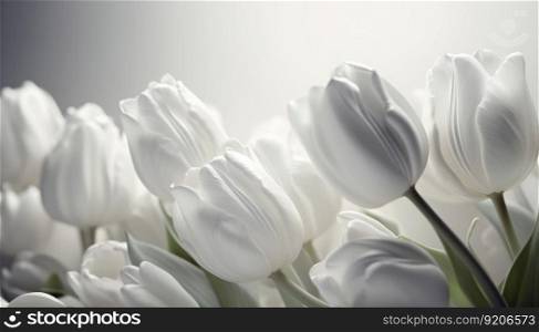 Gentle Natural Background with White Tulips on Light, Generative AI. White Tulips on Light, Generative AI