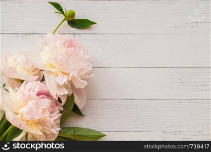 Gentle romantic peonies on light wooden background with copyspace. Romantic bouquet of peonies on light wooden background with copyspace