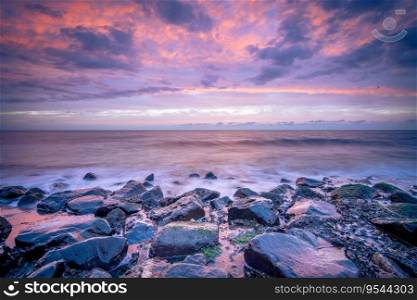 Gentle sunset on the sea coast. Stunning view of waves crashing on rock formations under pastel skies at West Kapelle, Zeeland, Netherlands. Breathtaking sunset with pastel colors and smooth white water along rocky dutch coast