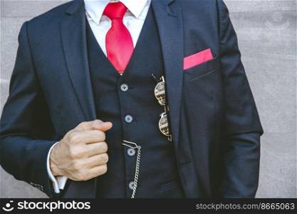 Gentle uniform stylish tuxedo luxury suit with red necktie for modern groom or fashionable business person
