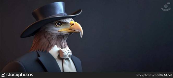 Gentleman, boss bald eagle in hat, suit and tie. Banner header. AI generated. Important pet on a dark background. Header banner mockup with space.. Gentleman, boss bald eagle in hat, suit and tie. Banner header. AI generated.
