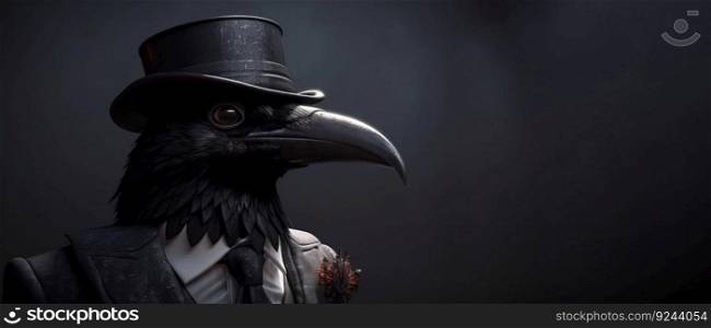 Gentleman, boss black crow in a hat, suit and tie. Banner header. AI generated. Important pet on a dark background. Header banner mockup with space.. Gentleman, boss black crow in a hat, suit and tie. Banner header. AI generated.