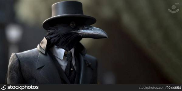 Gentleman, boss black crow in a hat, suit and tie. Banner header. AI generated. Important pet on a dark background. Header banner mockup with space.. Gentleman, boss black crow in a hat, suit and tie. Banner header. AI generated.