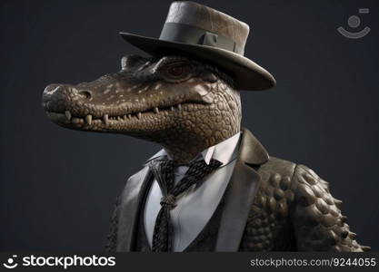 Gentleman boss crocodile aligator in hat, suit and tie. Banner header. AI generated. Important pet on a dark background.. Gentleman boss crocodile aligator in hat, suit and tie. Banner header. AI generated.