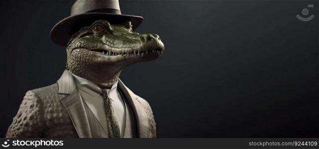 Gentleman boss crocodile aligator in hat, suit and tie. Banner header. AI generated. Important pet on a dark background. Header banner mockup with space.. Gentleman boss crocodile aligator in hat, suit and tie. Banner header. AI generated.