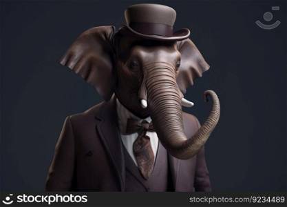 Gentleman boss elephant with a trunk and big ears wearing a hat, suit and tie. Banner header. AI generated. Important pet on a dark background.. Gentleman boss elephant with a trunk and big ears wearing a hat, suit and tie. Banner header. AI generated.