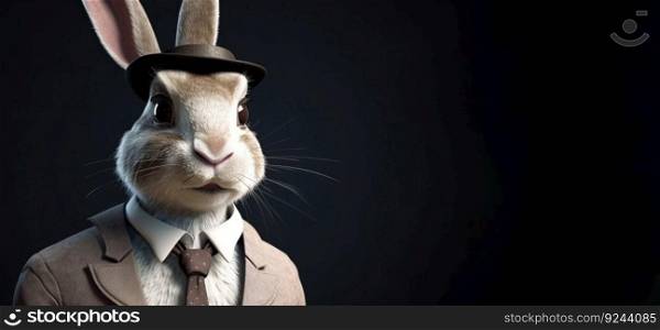 Gentleman, boss fluffy rabbit, hare in a hat, suit and tie. Banner header. AI generated. Important pet on a dark background. Header banner mockup with space.. Gentleman, boss fluffy rabbit, hare in a hat, suit and tie. Banner header. AI generated.