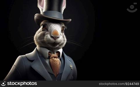 Gentleman, boss fluffy rabbit, hare in a hat, suit and tie. Banner header. AI generated. Important pet on a dark background. Header banner mockup with space.. Gentleman, boss fluffy rabbit, hare in a hat, suit and tie. Banner header. AI generated.