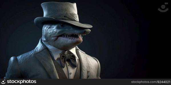 Gentleman boss shark in a hat, suit and tie. Banner header. AI generated. Important pet on a dark background. Header banner mockup with space.. Gentleman shark boss in hat, suit and tie. Banner header. AI generated.