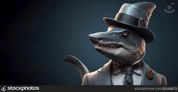 Gentleman boss shark in a hat, suit and tie. Banner header. AI generated. Important pet on a dark background. Header banner mockup with space.. Gentleman shark boss in hat, suit and tie. Banner header. AI generated.