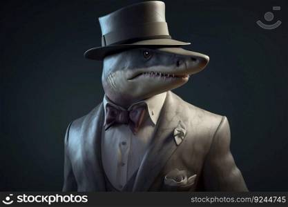 Gentleman boss shark in a hat, suit and tie. Banner header. AI generated. Important pet on a dark background.. Gentleman shark boss in hat, suit and tie. Banner header. AI generated.