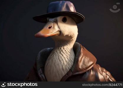 Gentleman boss white goose in a hat, suit and tie. Banner header. AI generated. Important pet on a dark background.. Gentleman boss white goose in a hat, suit and tie. Banner header. AI generated.
