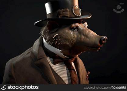 Gentleman, boss wild boar, pig in hat, suit and tie. Banner header. Important pet on a dark background. AI generated.. Gentleman, boss wild boar, pig in hat, suit and tie. Banner header. AI generated.