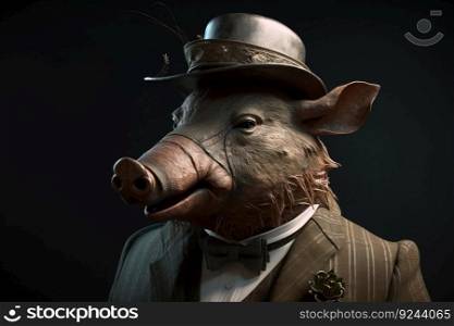 Gentleman, boss wild boar, pig in hat, suit and tie. Banner header. AI generated. Important pet on a dark background.. Gentleman, boss wild boar, pig in hat, suit and tie. Banner header. AI generated.