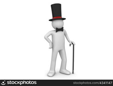 Gentleman / nobleman in top hat with walking stick (3d isolated on white background characters series)
