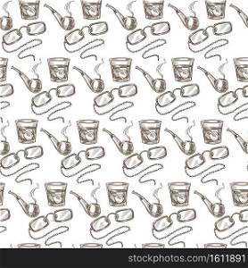 Gentleman spectacles with chain, vintage smoking pipe seamless pattern. Alcoholic beverage in glass with ice cubes. Cognac whiskey and cigarette. Monochrome sketch outline, vector in flat style. Spectacles smoking pipe and glass of alcohol seamless pattern