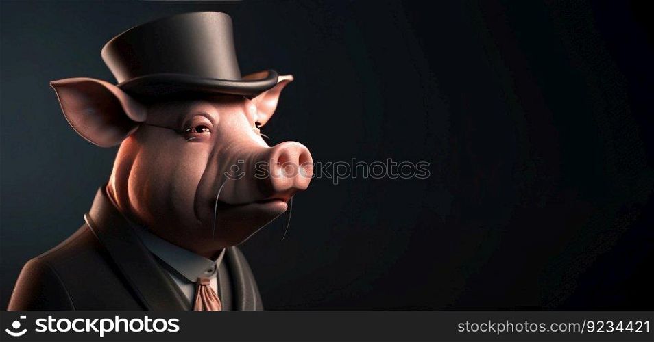 Gentleman, the boss is a fat pig, a piglet in a hat, suit and tie. Banner header. AI generated. Important pet on a dark background. Header banner mockup with space.. Gentleman, the boss is a fat pig, a piglet in a hat, suit and tie. Banner header. AI generated.