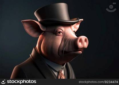 Gentleman, the boss is a fat pig, a piglet in a hat, suit and tie. Banner header. AI generated. Important pet on a dark background.. Gentleman, the boss is a fat pig, a piglet in a hat, suit and tie. Banner header. AI generated.