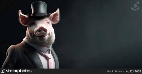 Gentleman, the boss is a fat pig, a piglet in a hat, suit and tie. Banner header. AI generated. Important pet on a dark background. Header banner mockup with space.. Gentleman, the boss is a fat pig, a piglet in a hat, suit and tie. Banner header. AI generated.