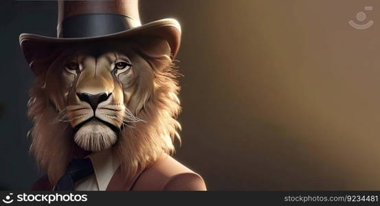 Gentleman, the boss is a formidable lion with a mane in a hat, suit and tie. Banner header. AI generated. Header banner mockup with space.. Gentleman, the boss is a formidable lion with a mane in a hat, suit and tie. Banner header. AI generated.