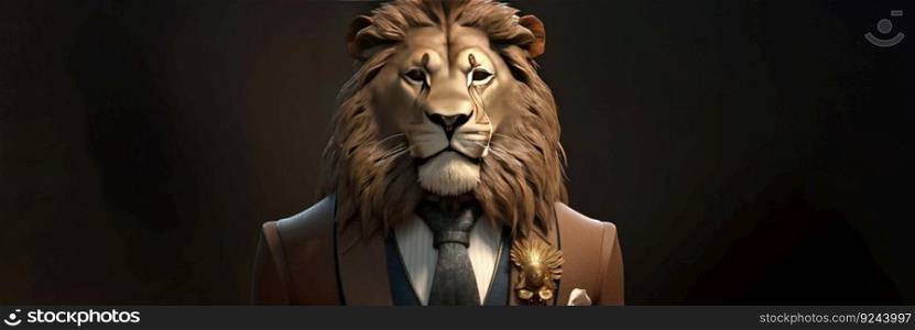 Gentleman, the boss is a formidable lion with a mane in a hat, suit and tie. Banner header. AI generated. Header banner mockup with space.. Gentleman, the boss is a formidable lion with a mane in a hat, suit and tie. Banner header. AI generated.