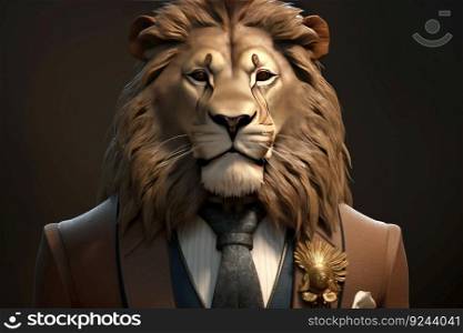 Gentleman, the boss is a formidable lion with a mane in a hat, suit and tie. Banner header. AI generated. Important pet on a dark background.. Gentleman, the boss is a formidable lion with a mane in a hat, suit and tie. Banner header. AI generated.