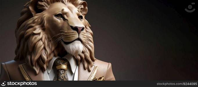 Gentleman, the boss is a formidable lion with a mane in a hat, suit and tie. Banner header. AI generated. Header banner mockup with space.. Gentleman, the boss is a formidable lion with a mane in a hat, suit and tie. Banner header. AI generated.