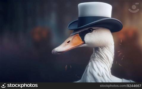 Gentleman white swan in a hat, on a black background. AI generated. Futuristic illustration of an important bird. Header banner mockup with space.. Gentleman white swan in a hat, on a black background. AI generated.