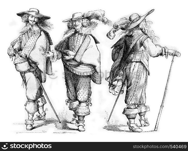 Gentlemen of 1625-1630, for after Abraham Bosse, vintage engraved illustration. Magasin Pittoresque 1857.
