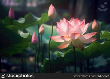 Gently pink lotus flower in natural habitat. Generative AI