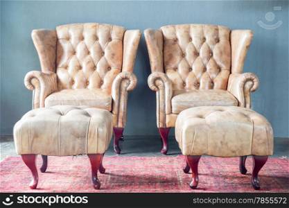 genuine leather classical style sofa in vintage room