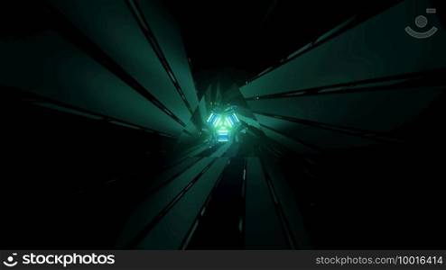 Geometric 3d illustration of perspective symmetrical triangle tunnel surrounded by dark repeating lines on black background. Geometric 3d illustration of triangle patterns