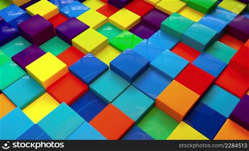 Geometric 3d render simple squares laid with lines on surface. Multicolored boxes in dynamic lighting with bright highlights. Digital wall creative presentation made of blocks Geometric 3d render simple squares laid with lines on surface. Multicolored boxes in dynamic lighting with bright highlights. Digital wall creative presentation made of blocks. Random colors cubes