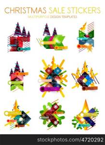 Geometric Christmas Sale Stickers. Geometric Christmas Sale Stickers - shiny paper style elements with holiday concepts - Snowflake and New Year Tree