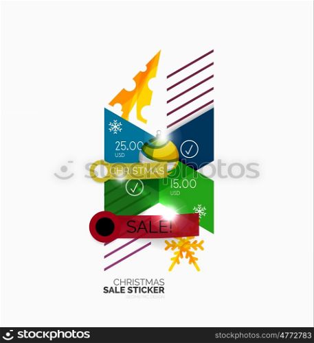 Geometric Christmas Sale Stickers. Geometric Christmas Sale Stickers - shiny paper style elements with holiday concepts - Snowflake and New Year Tree