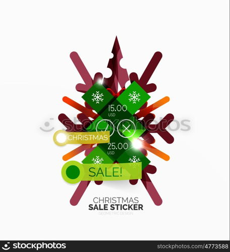 Geometric Christmas Sale Stickers. Geometric Christmas Sale Stickers - shiny paper style elements with holiday concepts - Snowflake and New Year Tree