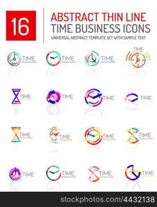 Geometric clock and time icon logo set. Thin line geometric flat style symbols or logotypes. Business time management, running time idea, timing concept