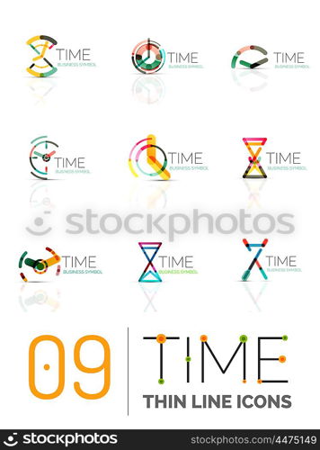 Geometric clock and time icon logo set. Thin line geometric flat style symbols or logotypes. Business time management, running time idea, timing concept